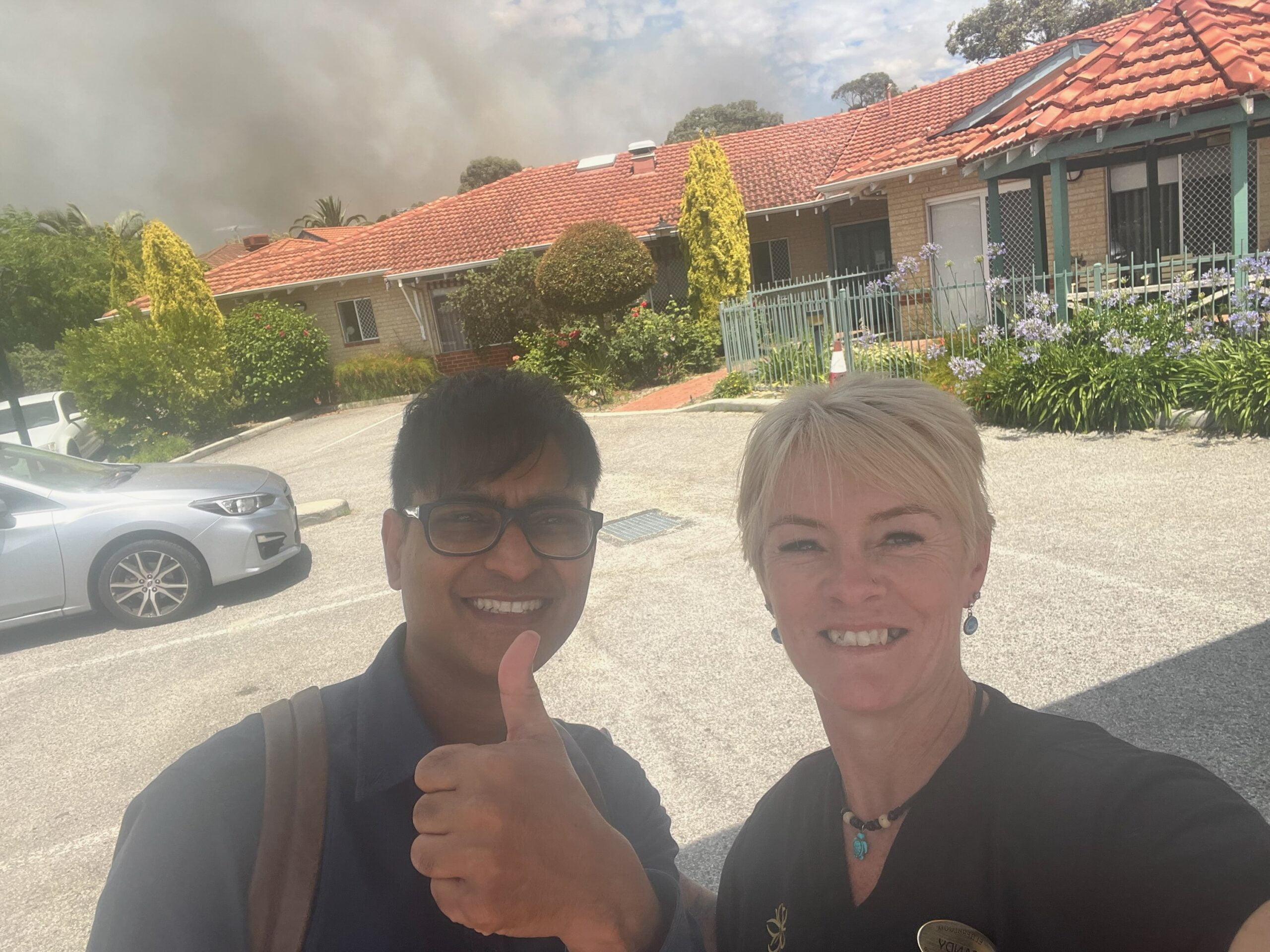 Pic 1 Wanneroo bush fire evacuation Ash Tiwade Nurse Practitioner and Sandy Shaw Residential Care Manager