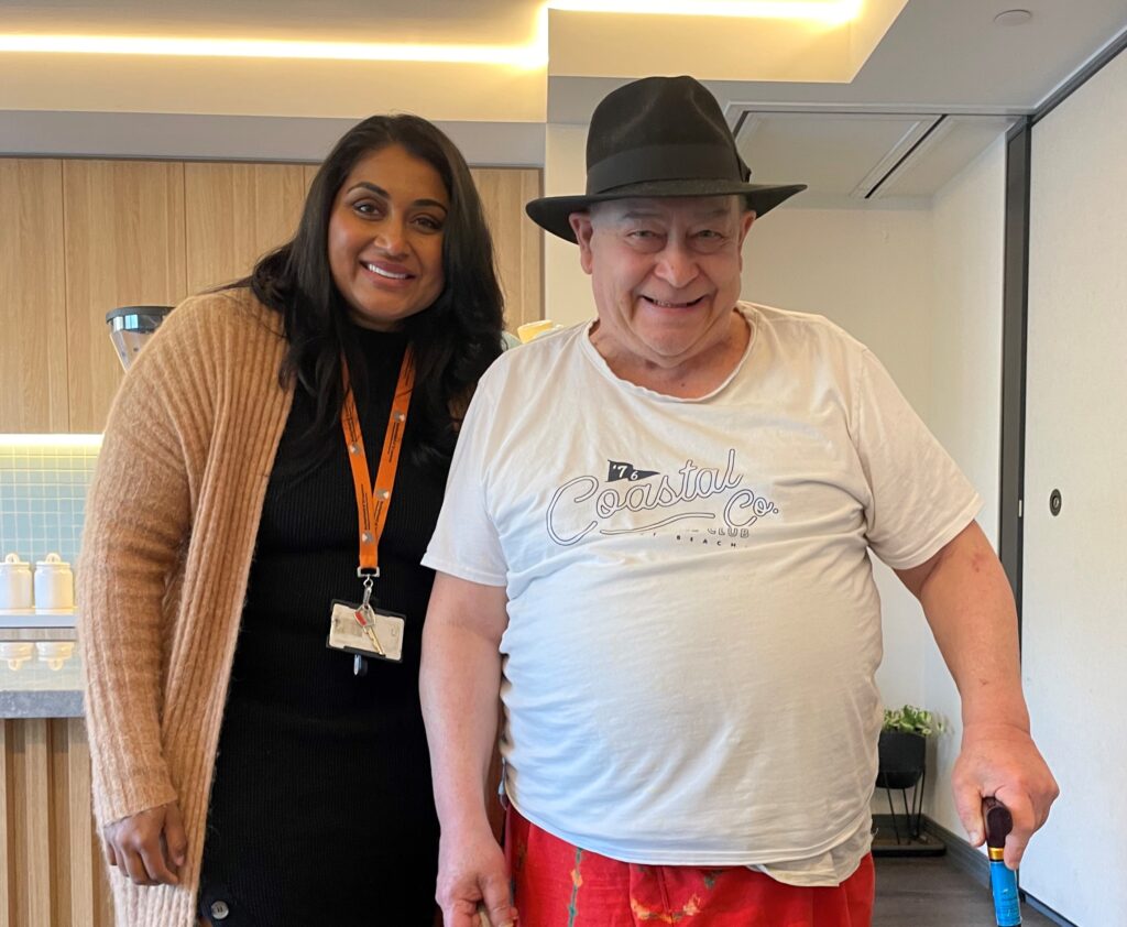 Head of Residential Care, Milly Kuranage, and Clifton Hill, resident Barry McPhail, 75.