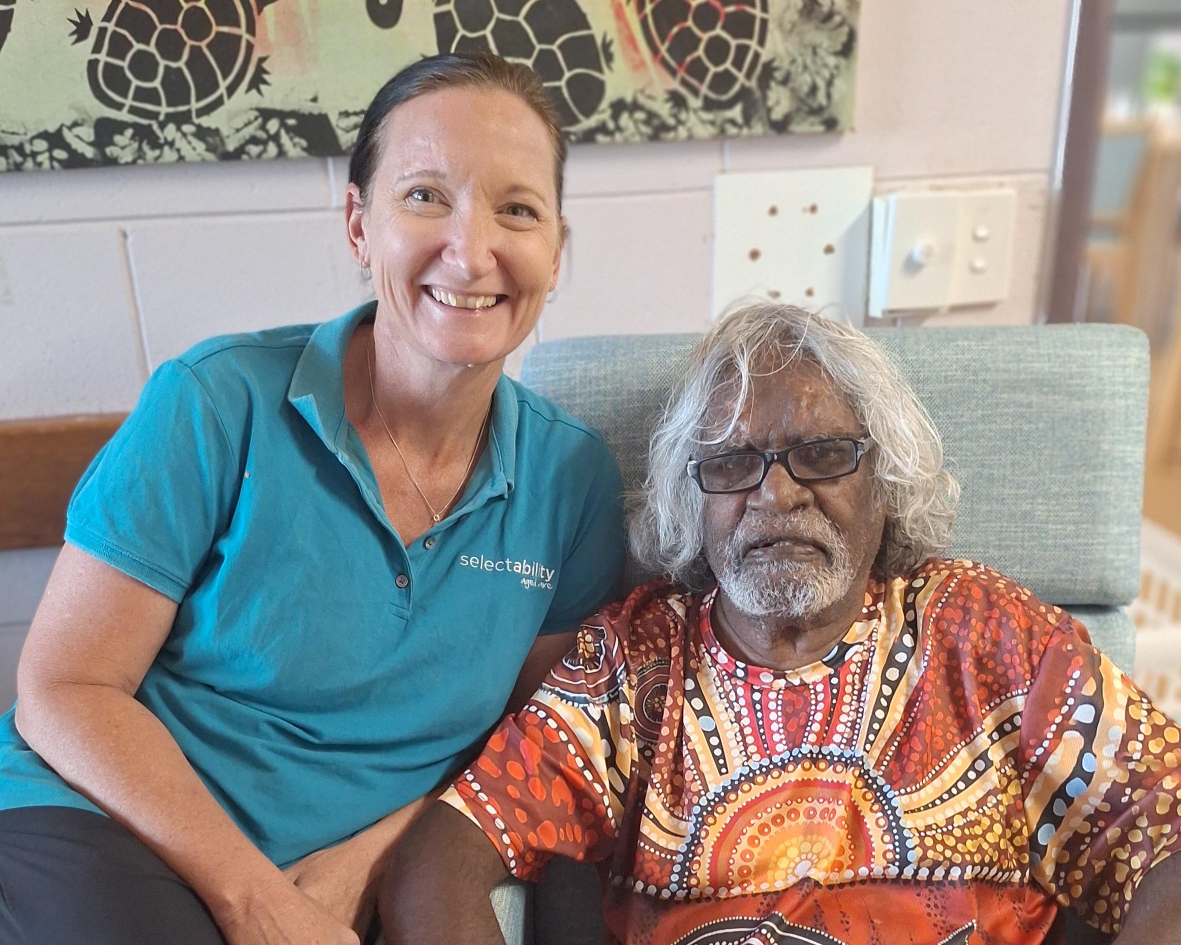 Aged care worker Melissa Forman and resident Geoff Butcher