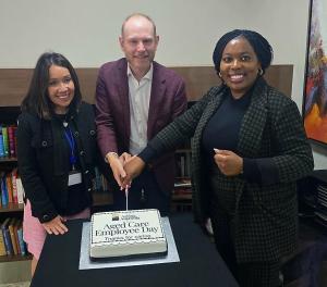 L-R: Member for Prahran Rachel Westaway, Ageing Australia CEO Tom Symondson and mecwacare Regional General Manager Chipo Nyemba at the mecwacare Malvern Centre.